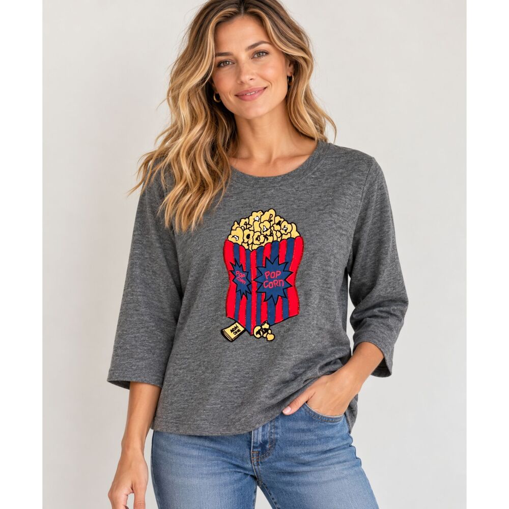 Modcloth Grey Sweatshirt Popcorn Novelty Large 3/4 Sleeves Movies